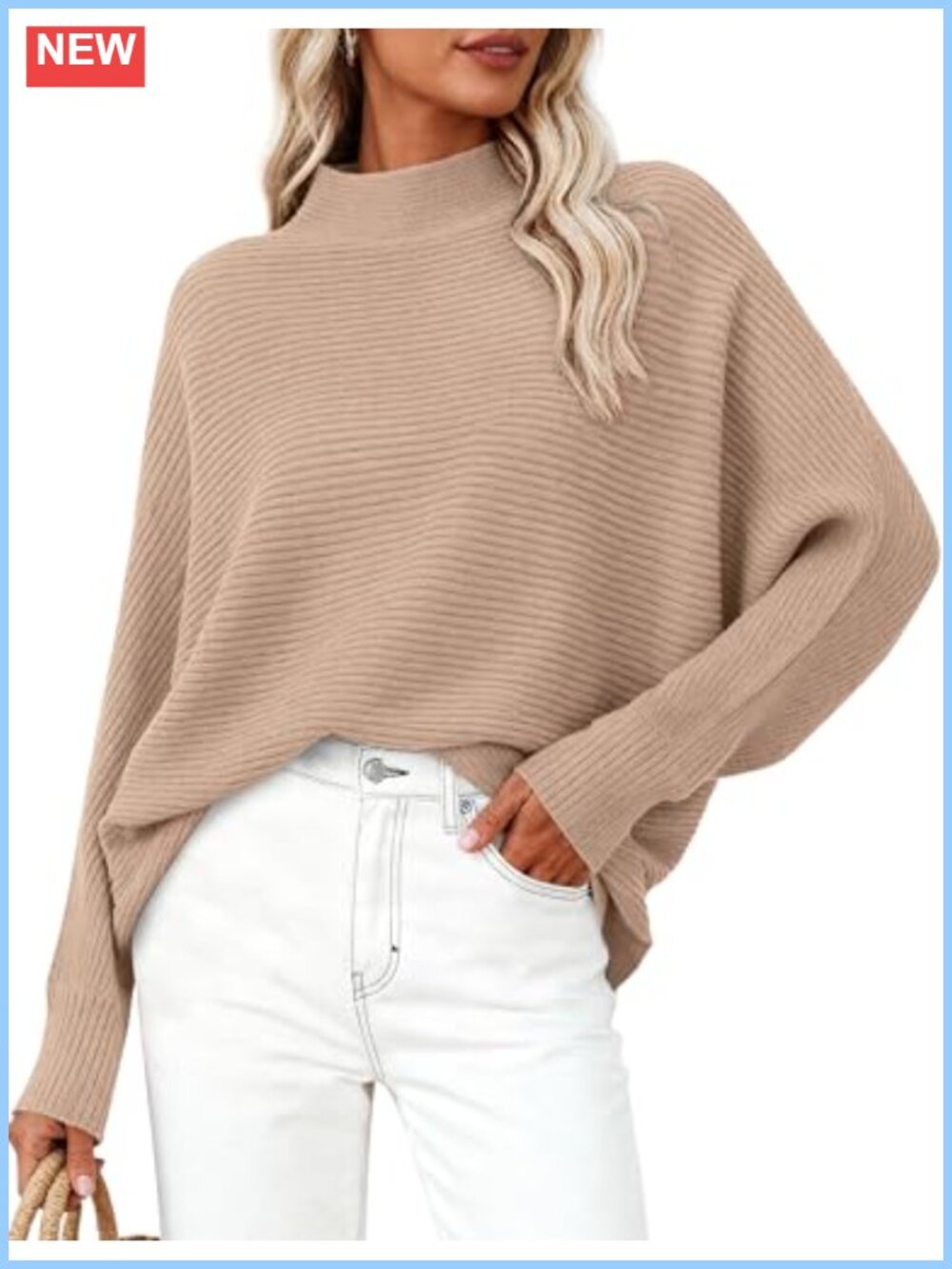 Womens Ribbed Knit Batwing Sleeve Mock Neck Pullover Sweater